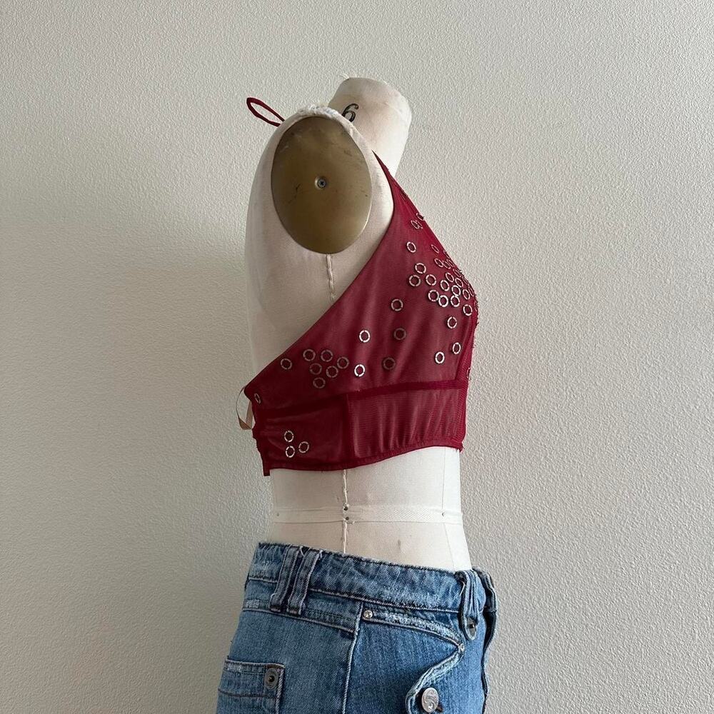reworked BCBG Maxazria burgundy mesh halter top with silver metal rings - Picture 2 of 9